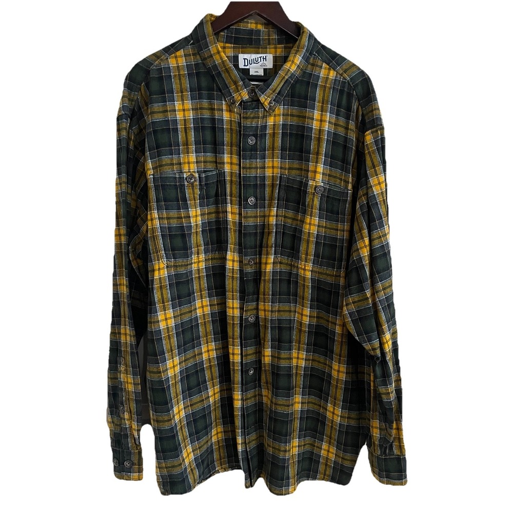 Duluth Trading Free Swingin Flannel Shirt Men's 2XL Plaid Lumberjack Green Gold